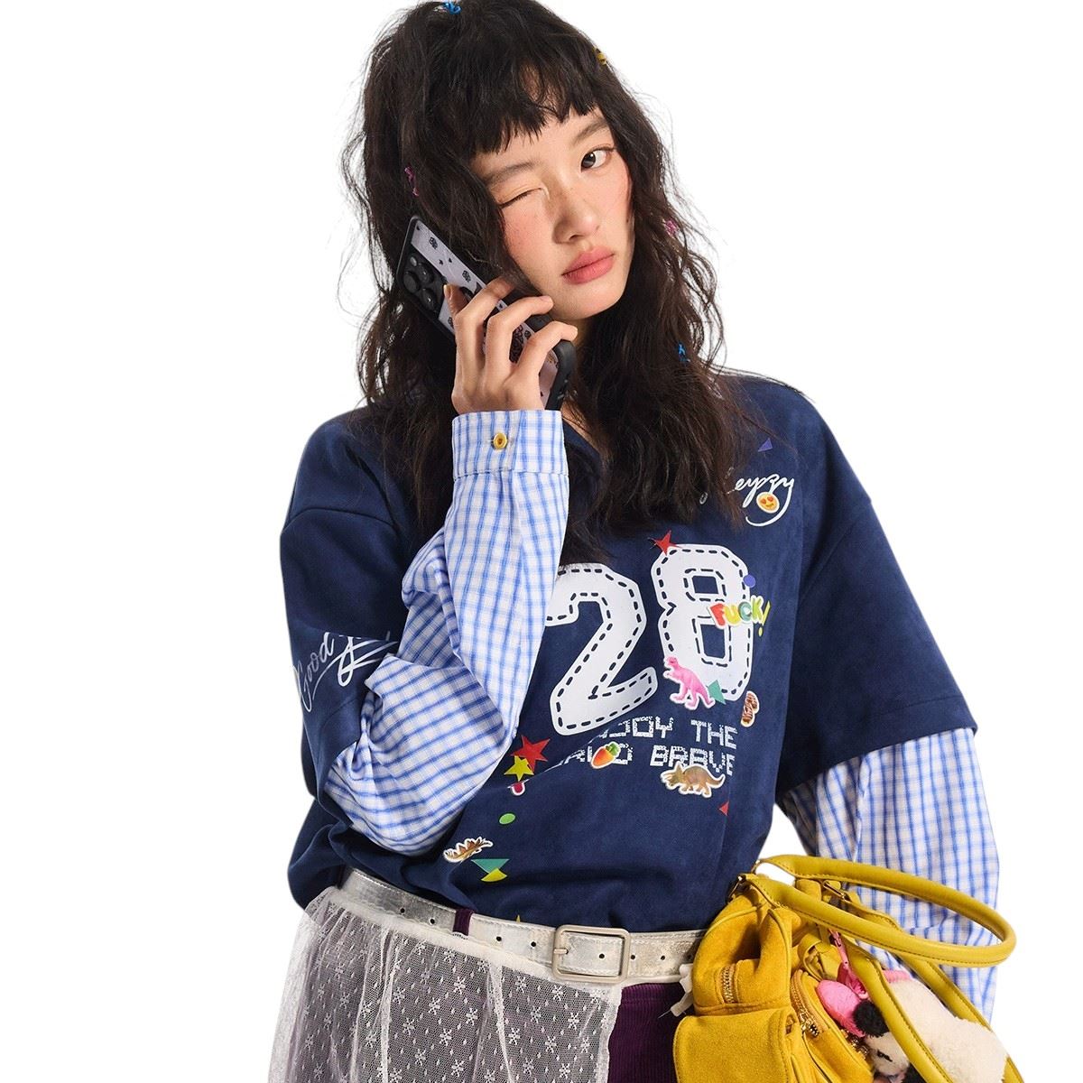 美式復古假兩件上衣男女可穿長袖上衣 -藍