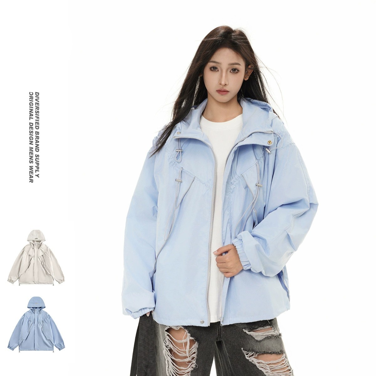 戶外顯瘦連帽衝鋒衣女長袖外套  藍  SML
