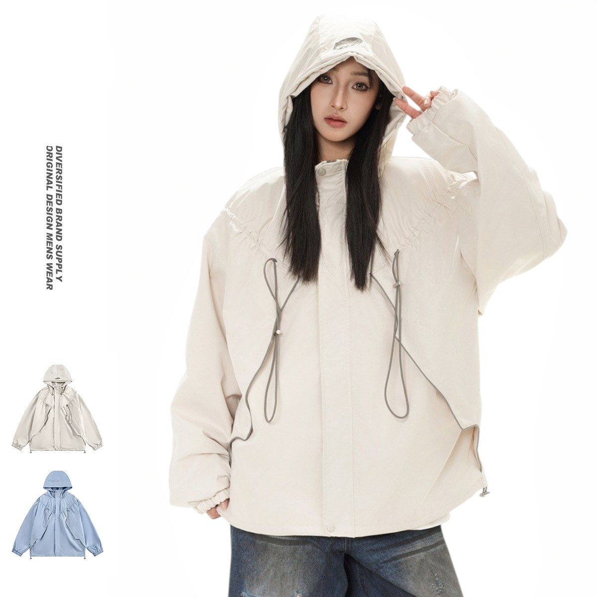 戶外顯瘦連帽衝鋒衣女長袖外套  杏  SML