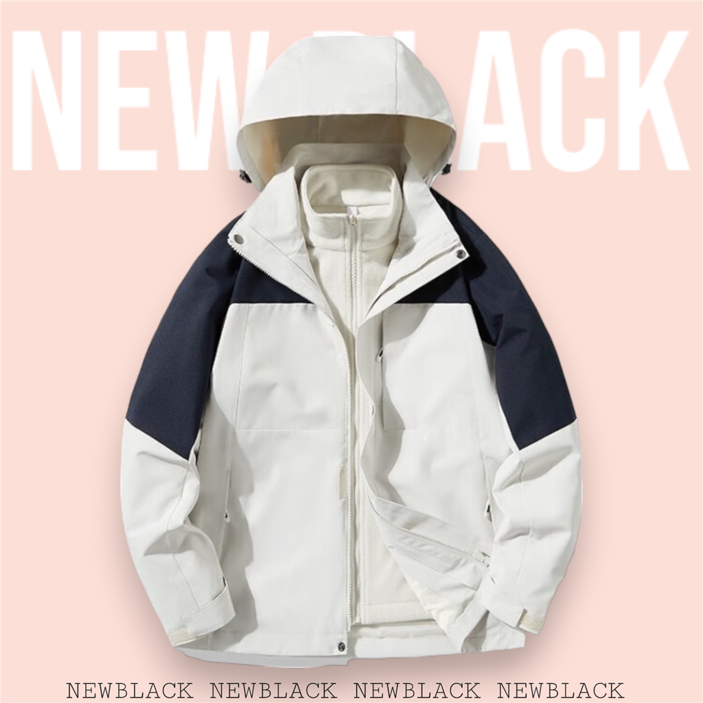 三合一加厚保暖防風沖鋒可拆2穿登山外套-暖白/深藍-女-newblack