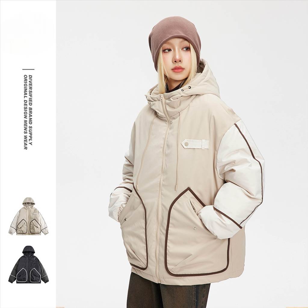 新款保暖線條美式連帽外套-奶茶色 M-2XL 潮牌男女可穿 minilover